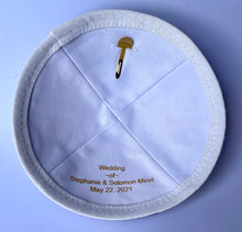 Load image into Gallery viewer, 60 White Linen Kippah Jewish Skull Cap with Personalization and complimentary clips, Set of 12