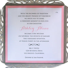 Load image into Gallery viewer, Silver Shimmer Laser Cut Bat Mitzvah Invitation