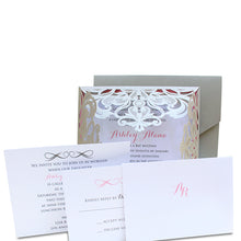 Load image into Gallery viewer, Silver Shimmer Laser Cut Bat Mitzvah Invitation