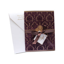 Load image into Gallery viewer, Brown and Shimmer and Burgundy Flock Wedding Invitation