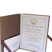 Load image into Gallery viewer, Brown and Shimmer and Burgundy Flock Wedding Invitation