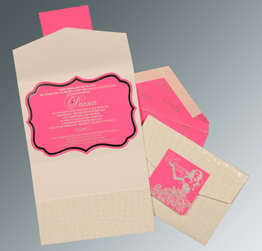 Layered in Pink Textured Pocket Fold Bar or Bat Mitzvah Invitation
