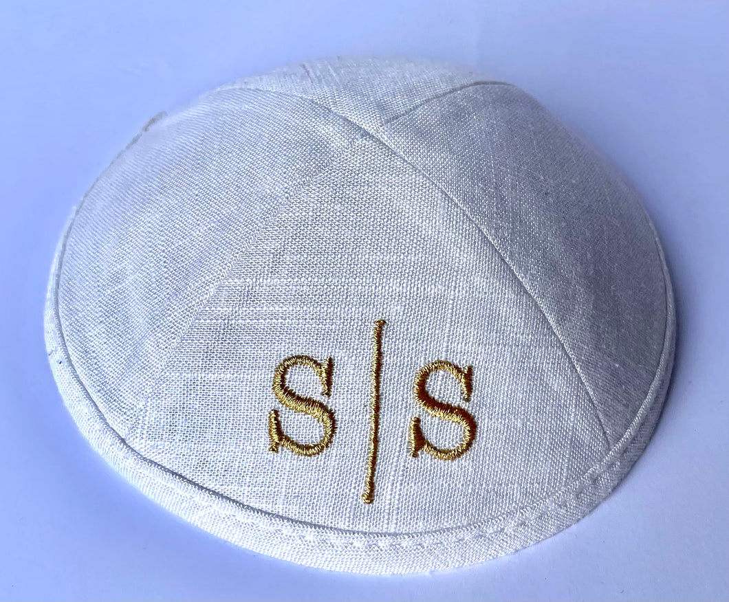 60 White Linen Kippah Jewish Skull Cap with Personalization and complimentary clips, Set of 12