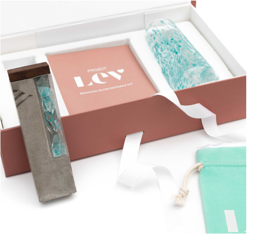 Modern Wedding Breaking Glass & Mezuzah Case Keepsake Kit - Light Gray with Aqua Blue by Project Lev