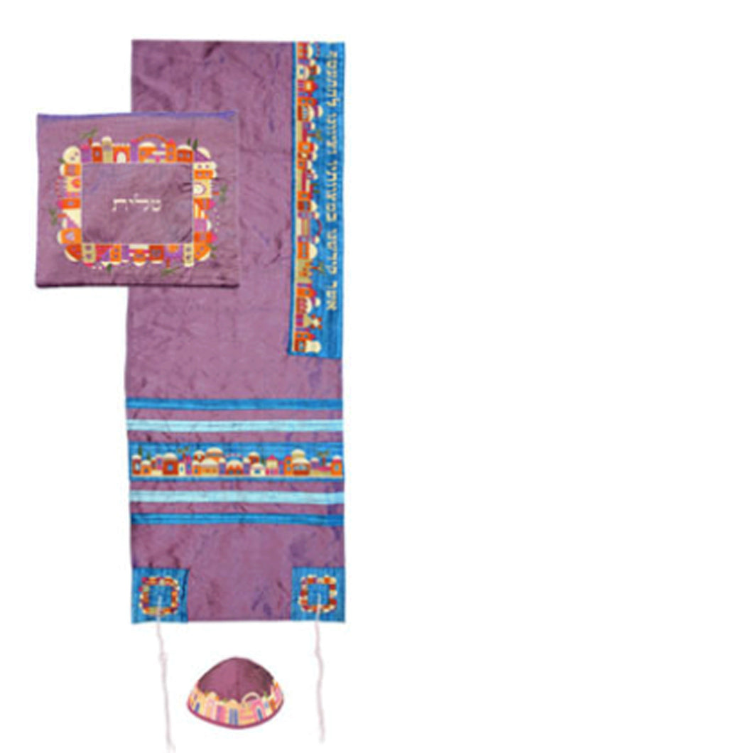 Purple Raw Silk Tallit Set Embroidered in Jerusalem Pattern