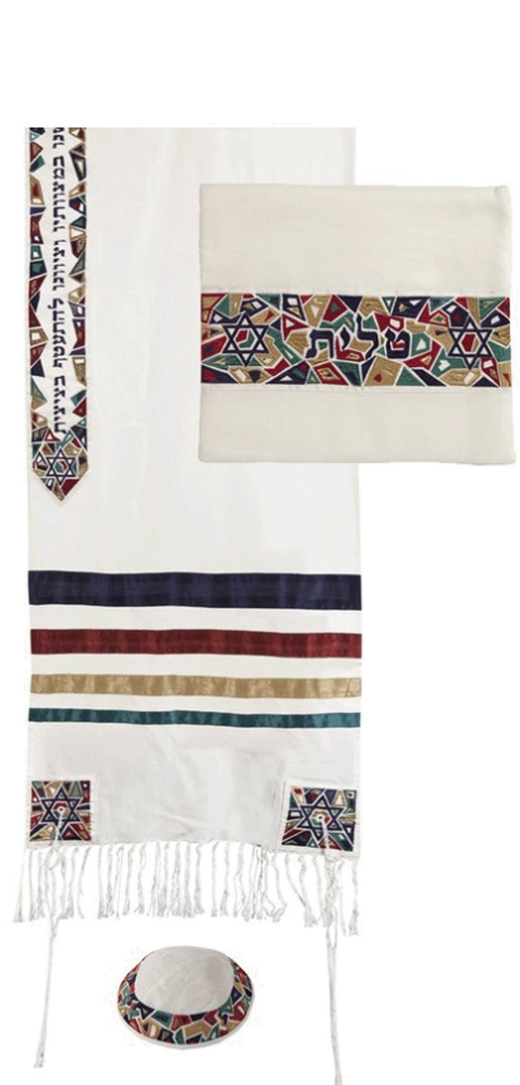 Multi-Color David Yair Emanuel Embroidered Raw Silk Tallit Set with Stars of David